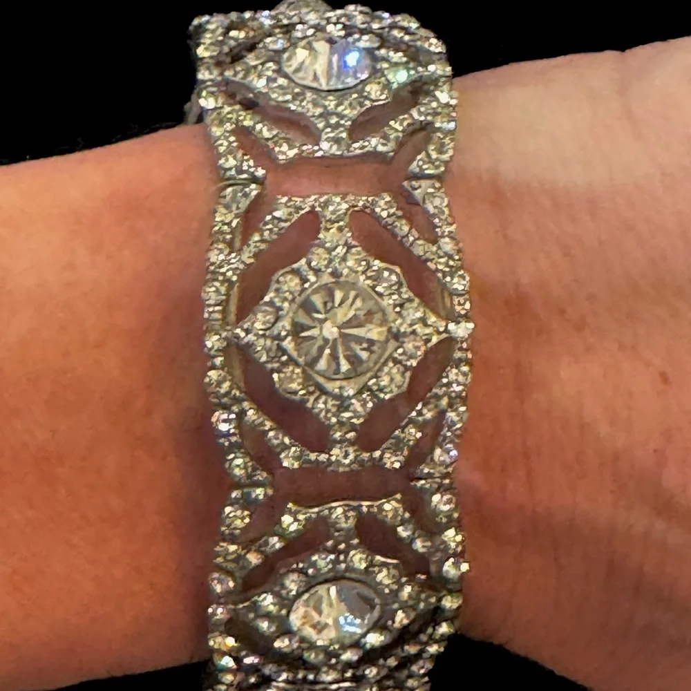 Vintage-Inspired Silver Rhinestone Headband & Cuff Bracelet Set-Bridal, Wedding